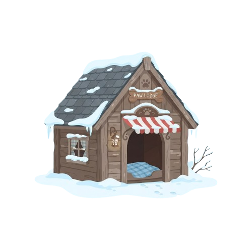 Illustration of a small wooden dog house covered in snow, labeled Paw Lodge, with a red and white striped awning.