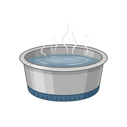 A round container with a lid showing steaming hot food inside