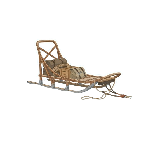 A wooden sled with rope handles positioned on a black background