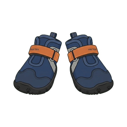 Pair of blue children's hiking sandals with orange adjustable straps