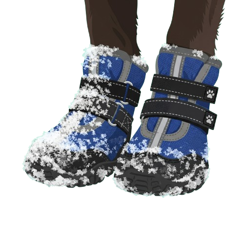 A pair of blue dog booties with white snow on them, secured with black straps and paw prints.