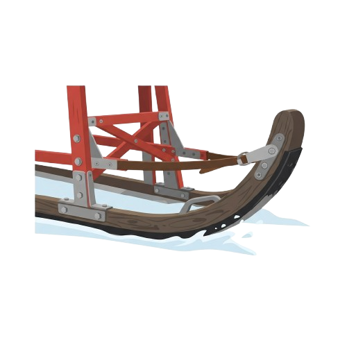 A wooden snow sled with a red metal frame and curved runners on a snowy surface