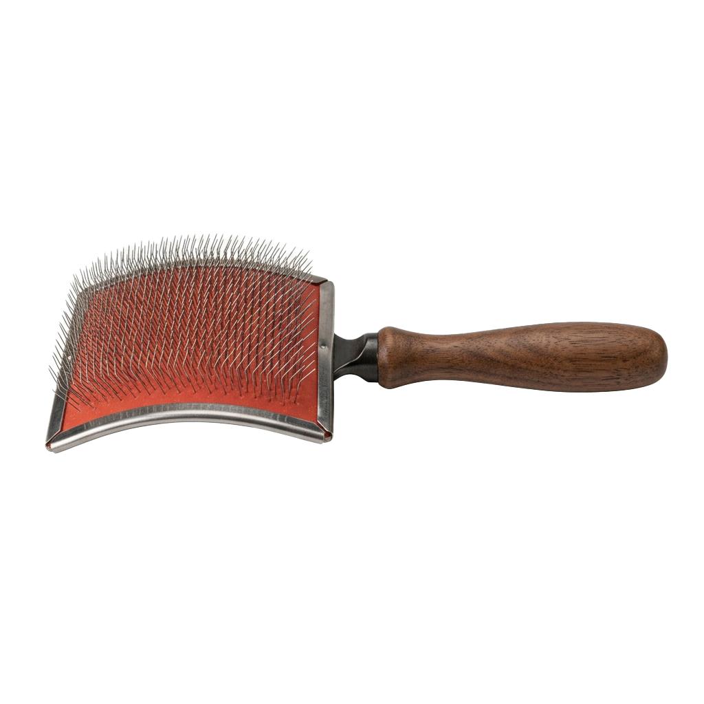 A grooming curry comb with a wooden handle and red rubber bristles on a silver base