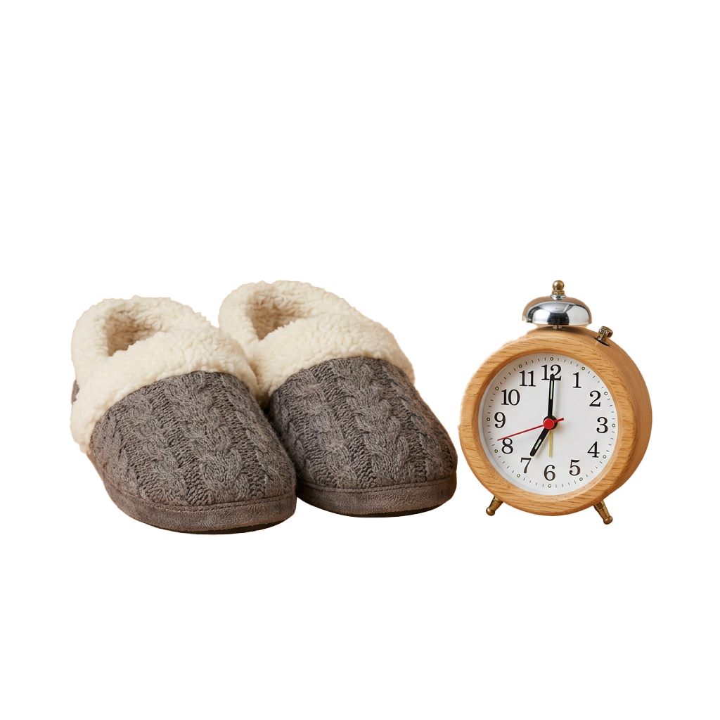 Pair of brown fuzzy slippers with white fur lining next to a wooden alarm clock with a white face and black numbers.