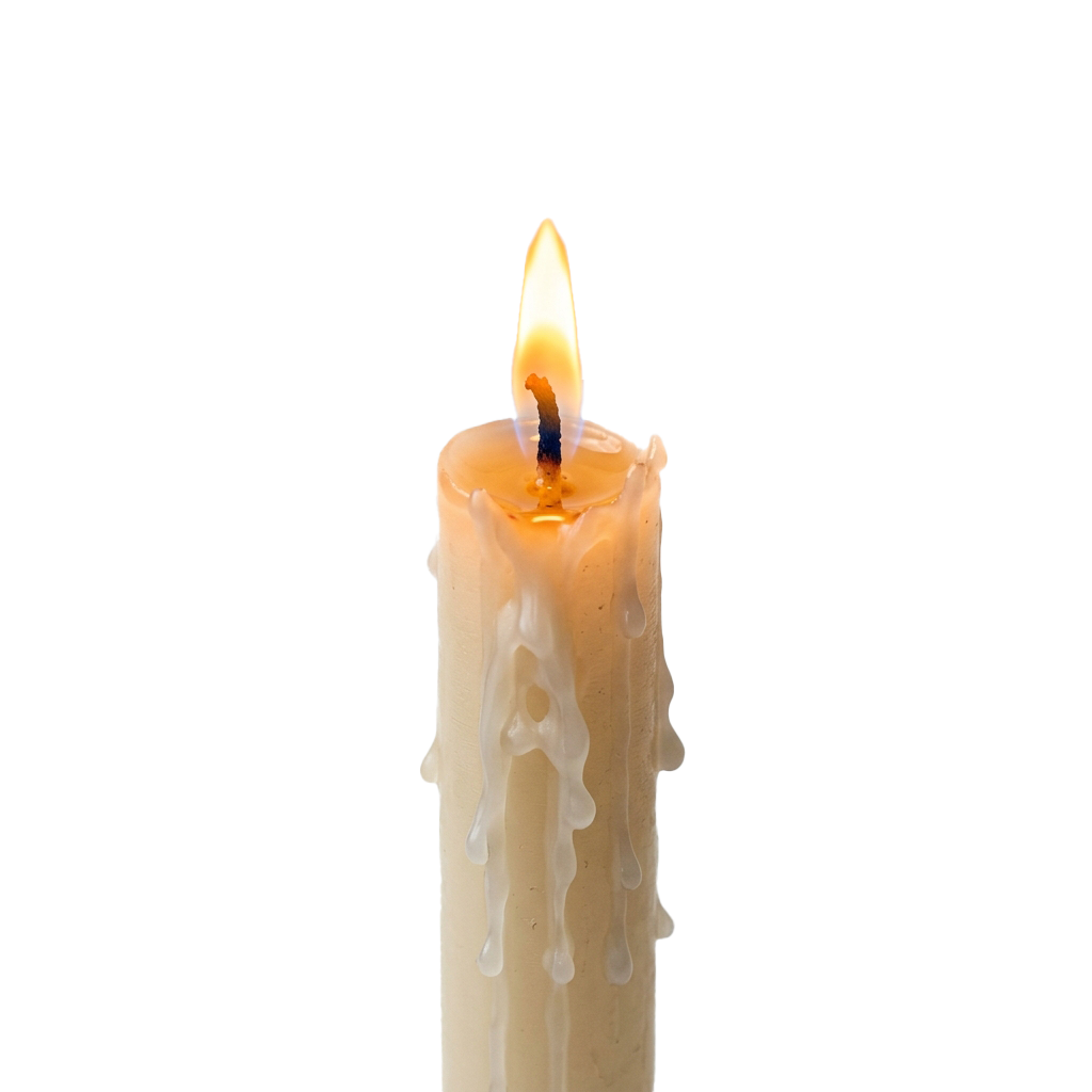 A lit candle with melted wax dripping down its sides against a black background