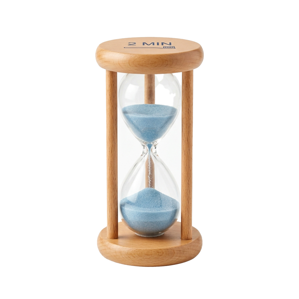 A wooden hourglass timer filled with blue sand, measuring 2 minutes