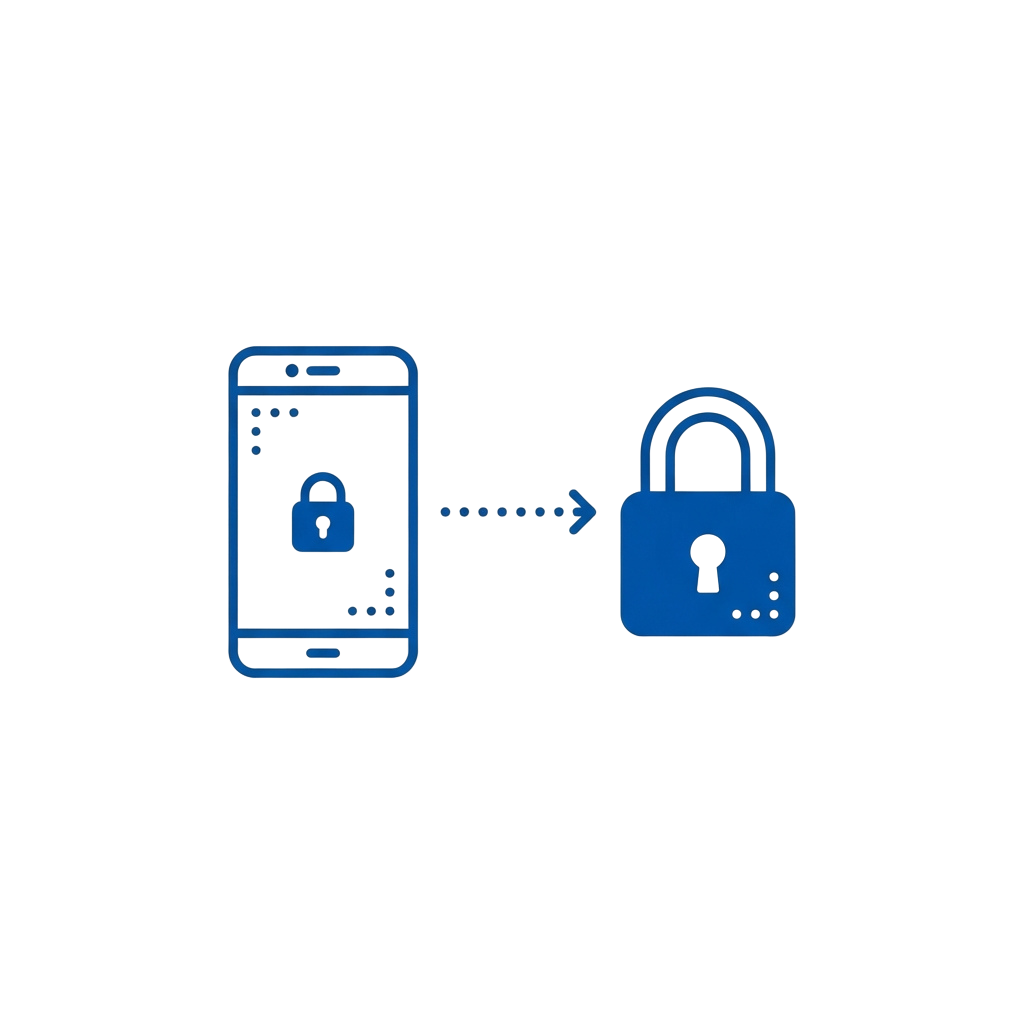 Smartphone with lock icon transferring data to a standalone lock icon