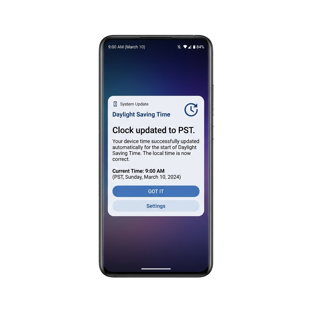 Smartphone displaying a system update for Daylight Saving Time clock change to PST