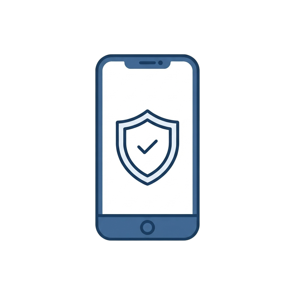 Smartphone screen showing a shield icon with a checkmark indicating security or protection