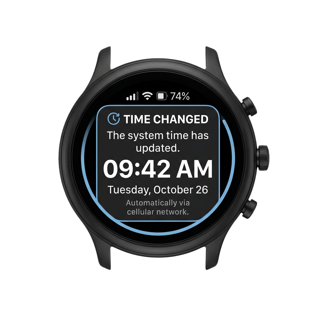 Smartwatch screen showing time update notification at 9:42 AM on October 26, with battery and signal indicators
