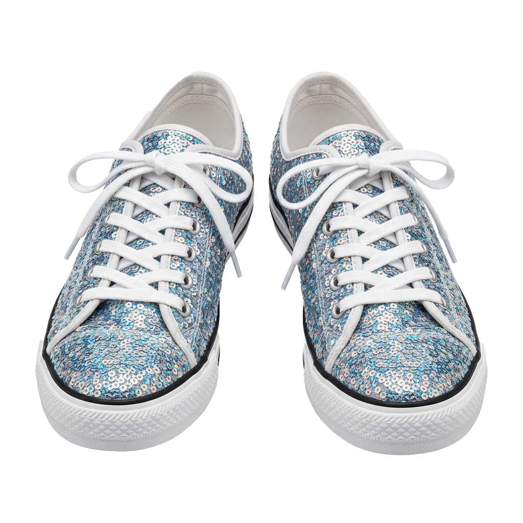 Pair of white sneakers with blue sequined pattern and white laces