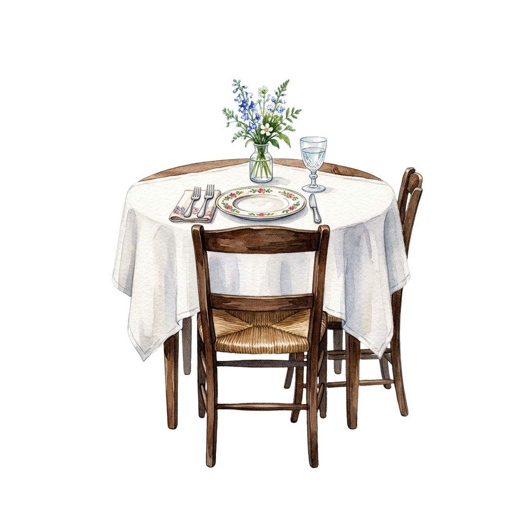 A neatly set dining table with two chairs, white tablecloth, floral vase, and glassware