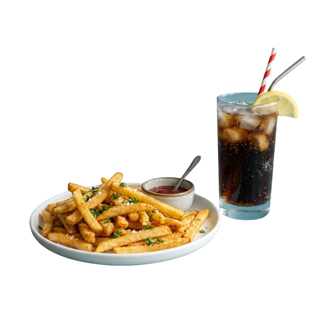 A plate of golden fries with parsley garnish, a small bowl of red sauce, and a tall glass of dark iced drink with lemon and straw.