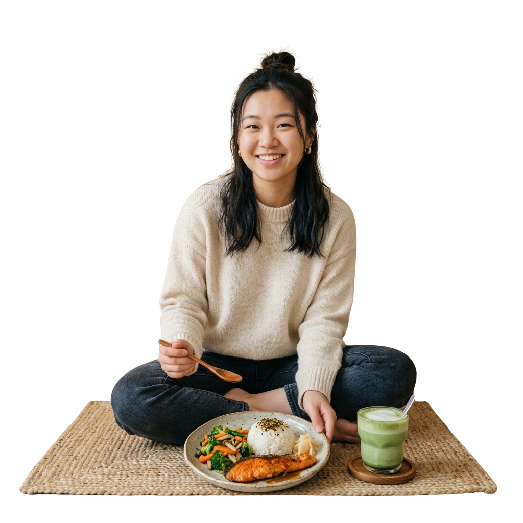 Smiling person sitting on woven mat holding spoon over a plate of rice, veggies, and meat, with a green smoothie beside them
