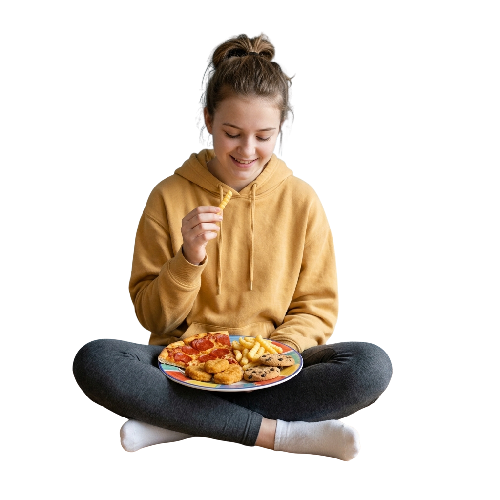 Smiling person in yellow hoodie holding a chip, sitting cross-legged with a plate of assorted snacks