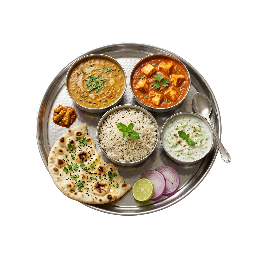A metal tray with Indian dishes including dal, curry, rice, roti, yogurt, onion slices, and lime.