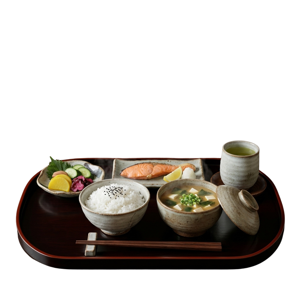 A traditional Japanese meal tray featuring rice, soup, grilled fish, pickled vegetables, and tea.