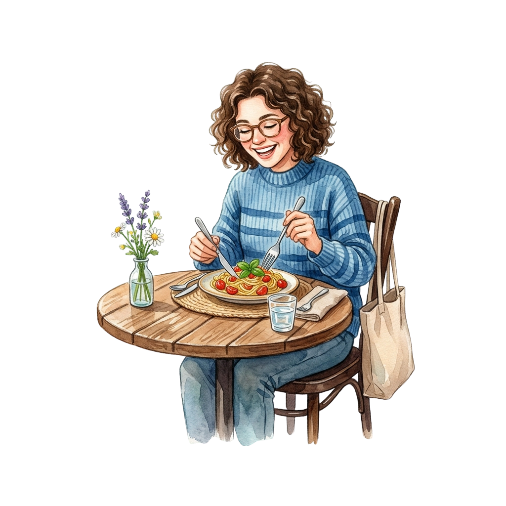 A smiling person with glasses wearing a blue sweater eating pasta at a wooden table with a vase of flowers and a glass of water.