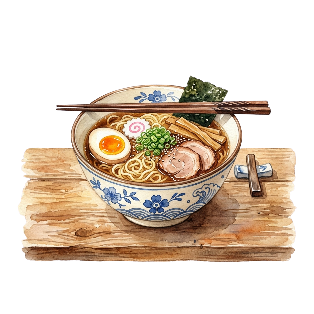 A bowl of ramen with egg, noodles, greens, and seaweed on a wooden tray with chopsticks