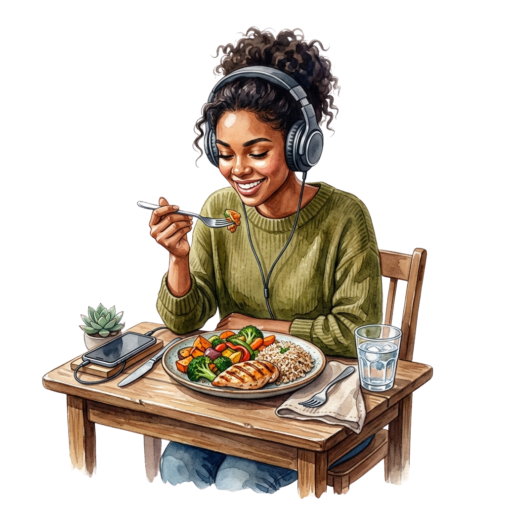 A smiling woman wearing headphones eats a balanced meal at a wooden table with a smartphone nearby.