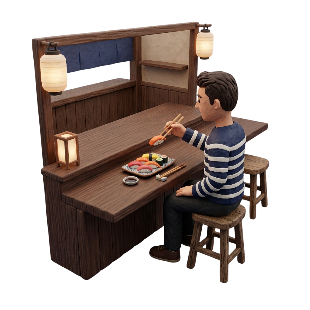A person sitting at a wooden counter eating sushi with chopsticks, surrounded by traditional Japanese lighting.