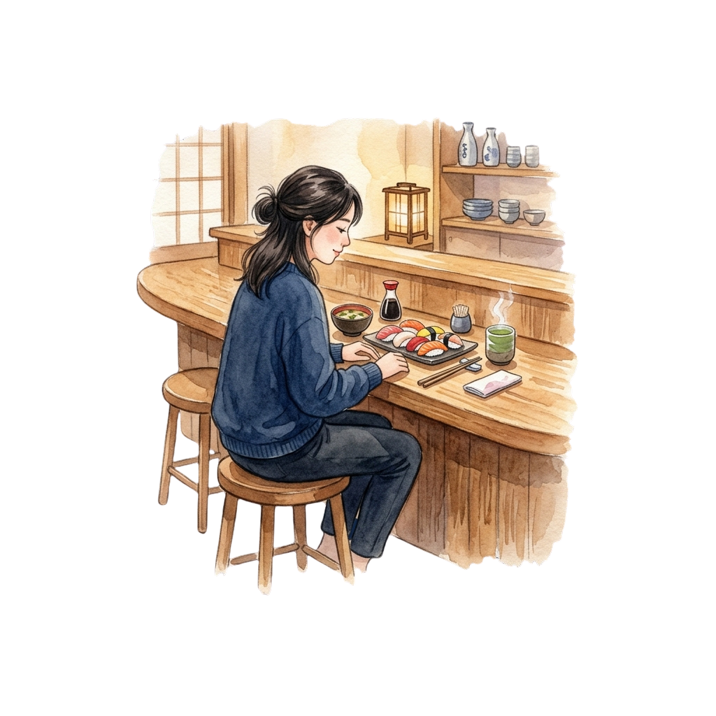 A person sitting at a wooden counter eating sushi with bowls and condiments nearby