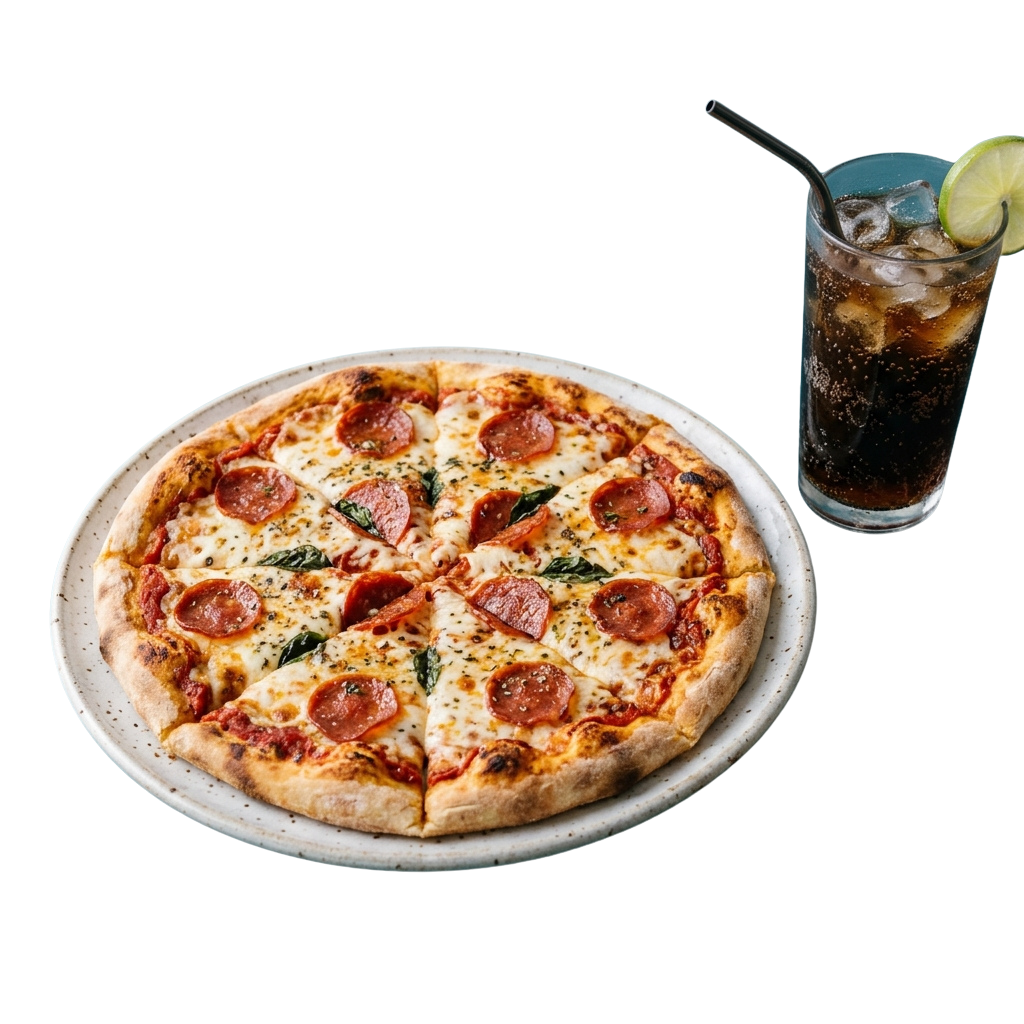 A freshly baked pepperoni pizza with cheese and basil garnish on a white plate next to a glass of dark soda with ice and lemon wedge