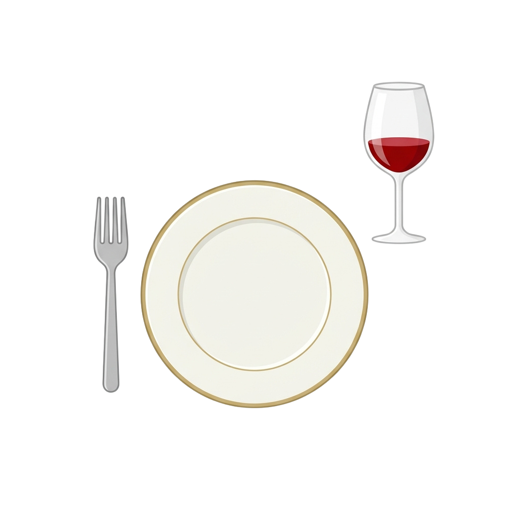 A white plate with gold trim, a fork to the left, and a wine glass filled with red wine to the right on a dark background