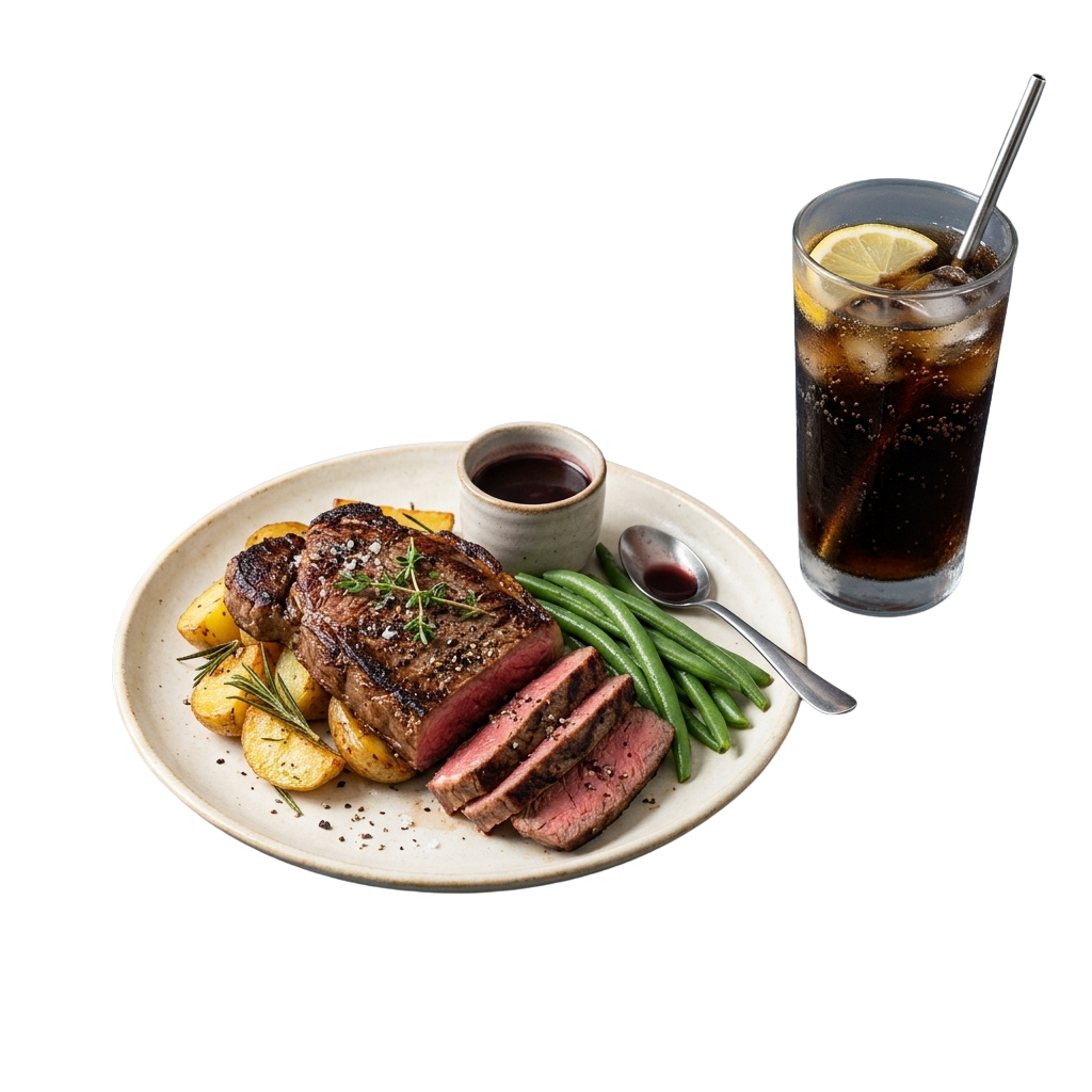 A plate of grilled steak with roasted potatoes, green beans, and a small sauce cup alongside a glass of dark beverage with ice and lemon.