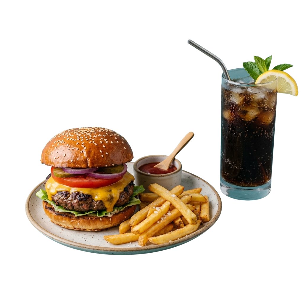 A cheeseburger with lettuce, tomato, onion, and cheese on a sesame bun, served with fries and a glass of dark iced drink garnished with lemon and mint