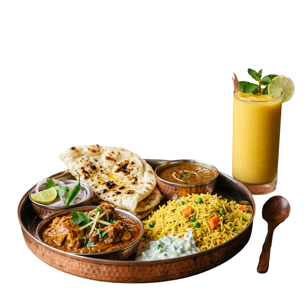 A traditional Indian thali meal featuring naan, curry, rice, raita, and a glass of mango drink with garnish