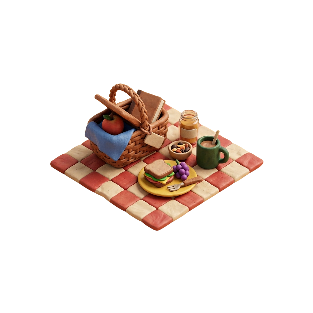 A colorful isometric picnic setup featuring a checkered blanket, basket, sandwich, grapes, mug, and snacks