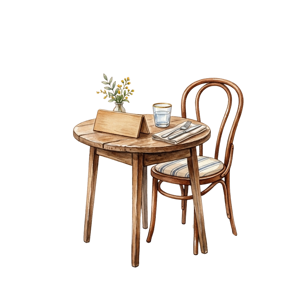 A wooden table with a chair, small vase with flowers, glass of water, and cutlery on a neutral background