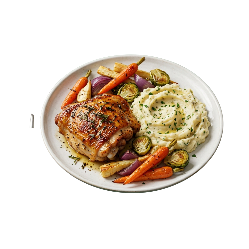 A white plate with grilled herb chicken, roasted carrots, brussels sprouts, onions, and creamy mashed potatoes