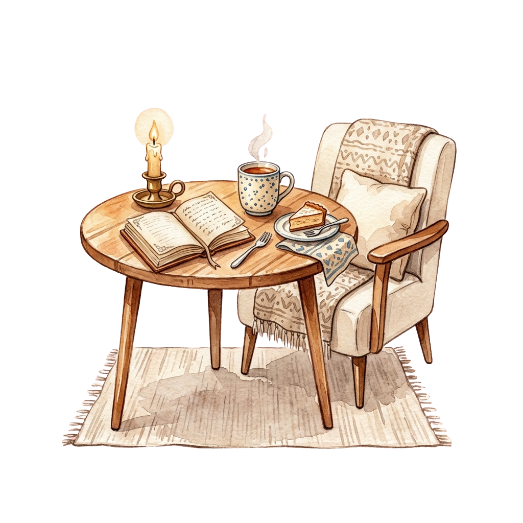An illustration of a small round table with an open book, cup of tea, plate of food, and a lit candle next to a cushioned armchair on a rug