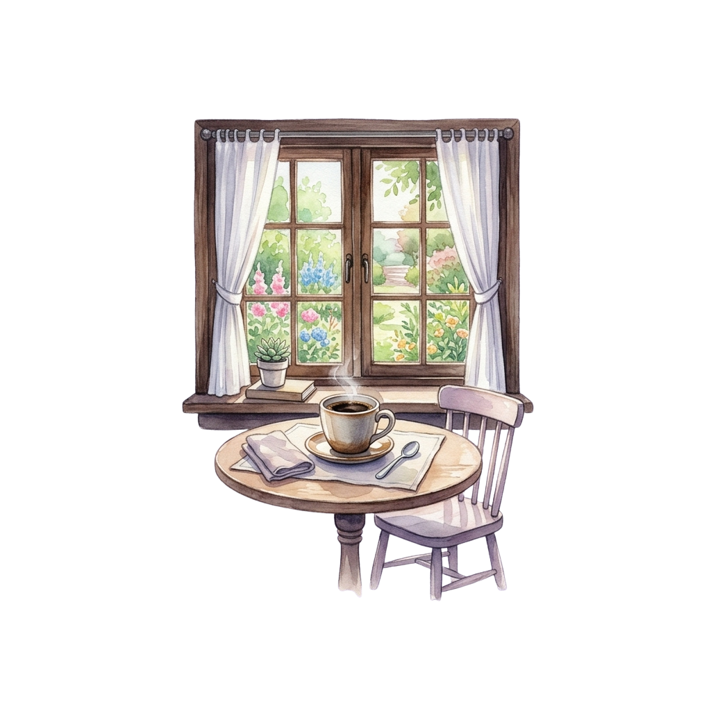 A round wooden table by a window with a cup of coffee, spoon, and napkin, alongside a chair, overlooking a garden with flowers and plants.