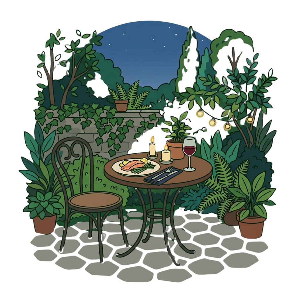 A tranquil garden dining setup with a table, chairs, food, wine, and string lights at night.