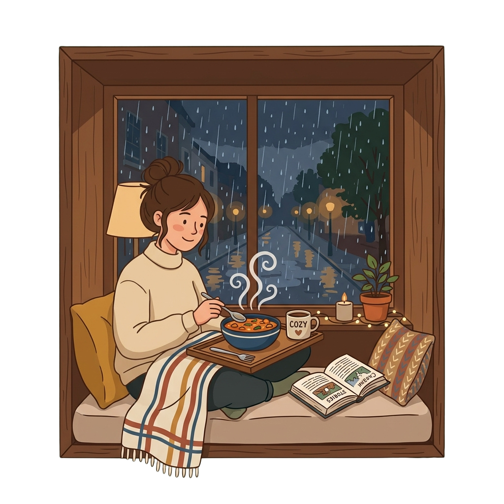 A person sitting by a window on a rainy day, eating a warm bowl of soup with a mug of coffee, wrapped in a blanket, reading a book.