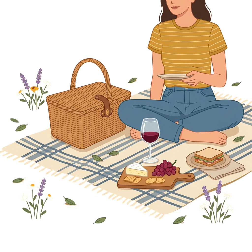 A person sitting on a blanket enjoying a picnic with wine, cheese, grapes, and sandwiches beside a basket of flowers.