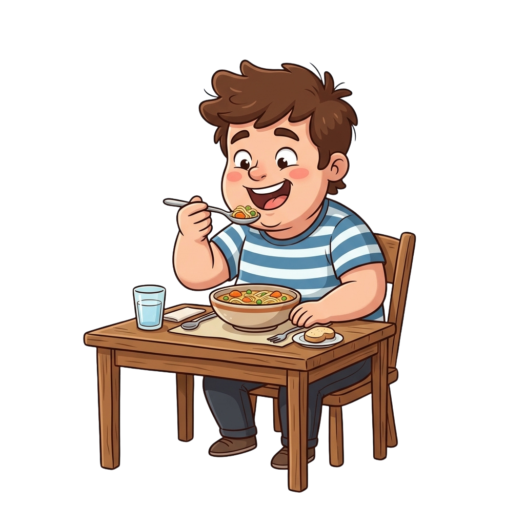 A cheerful cartoon boy sitting at a wooden table eating soup from a bowl with a spoon