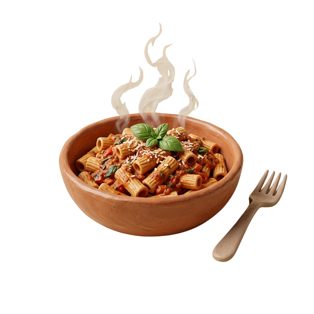 A clay bowl filled with rigatoni pasta in tomato sauce garnished with basil and cheese, emitting steam, with a fork beside it