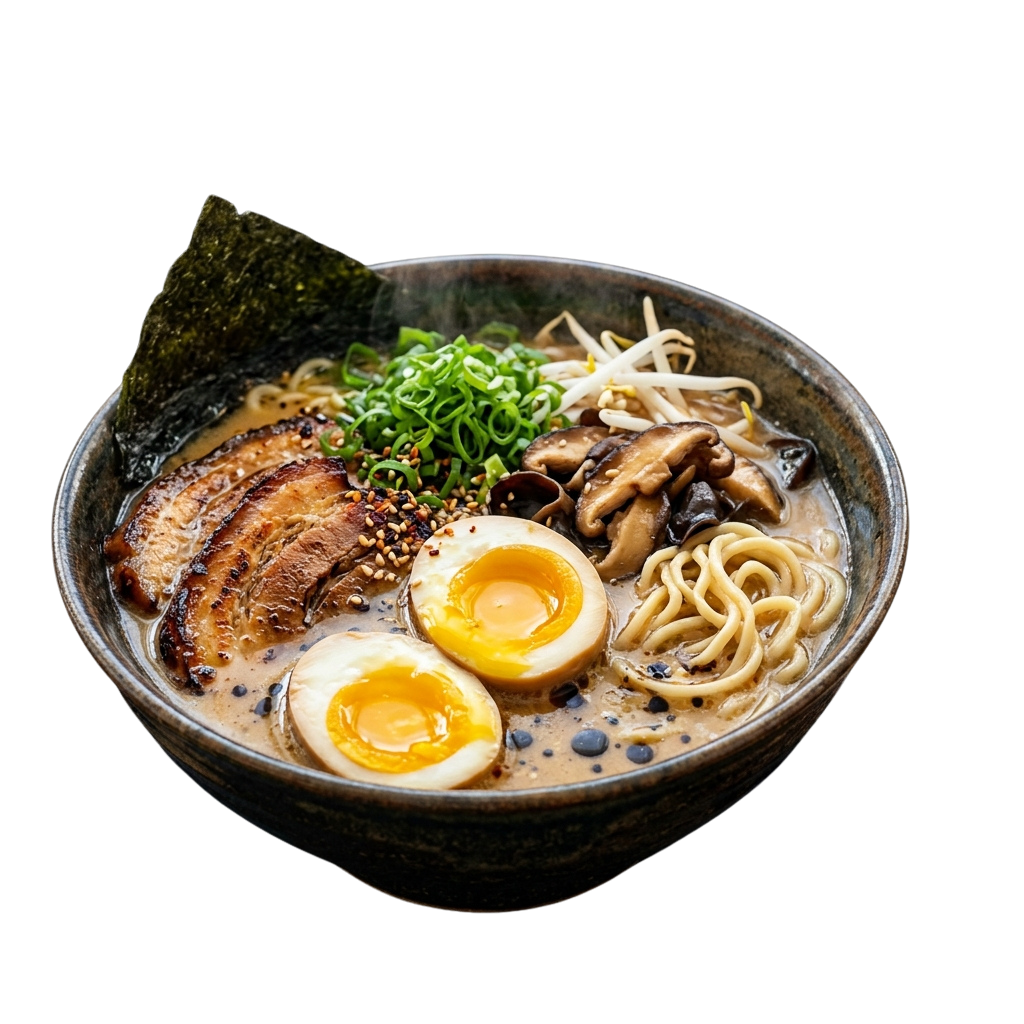 Bowl of ramen featuring egg, mushrooms, noodles, and green onions on a dark plate