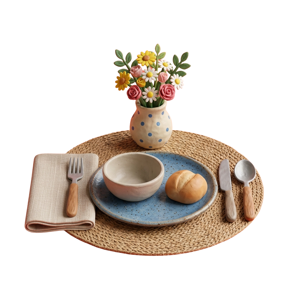 A cozy table setting with a flower vase, bowl, bread, fork, knife, spoon, and napkin on a woven placemat