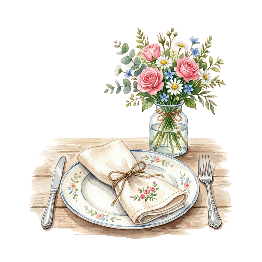 A neatly set wooden table with a floral bouquet in a jar, a decorated plate, folded napkin tied with twine, and silverware.