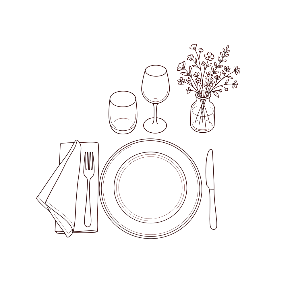 A stylish table setting featuring a plate, fork, knife, wine glasses, and a vase with flowers on a dark background