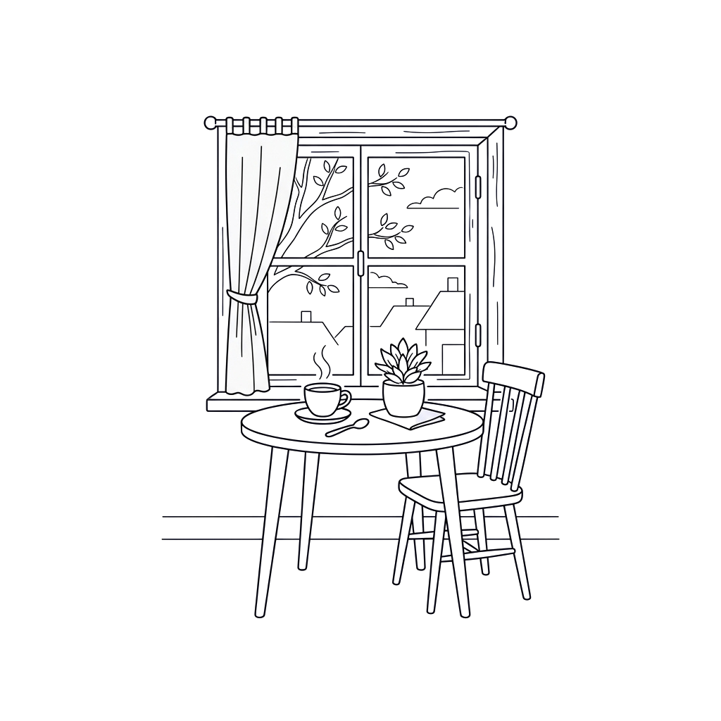 A window with white curtains tied back against a dark background, showing a simple and modern design.