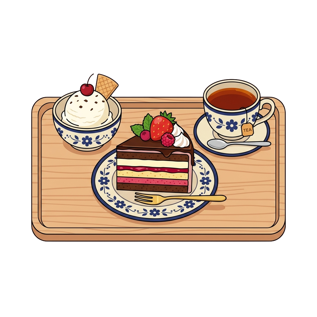 Illustration of a dessert tray with layered cake, whipped cream, strawberries, a cherry-topped wafer, and a cup of tea.