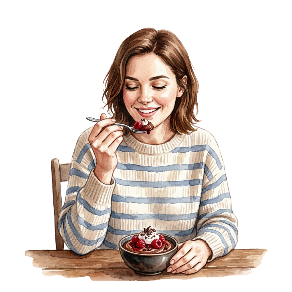 A woman smiling while eating strawberry dessert from a bowl with a spoon