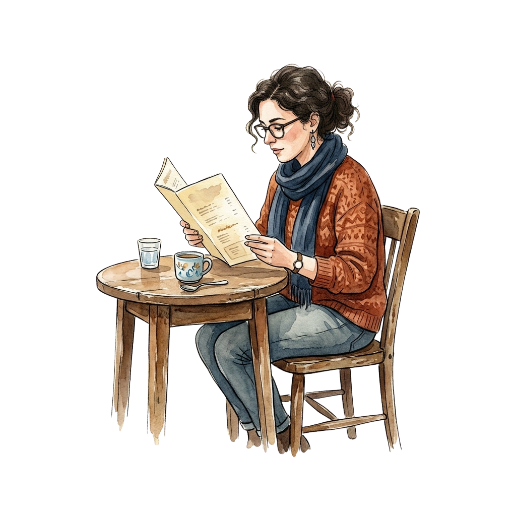 A person wearing glasses and a scarf reads an open book at a small wooden table with a cup of coffee and a glass of water.