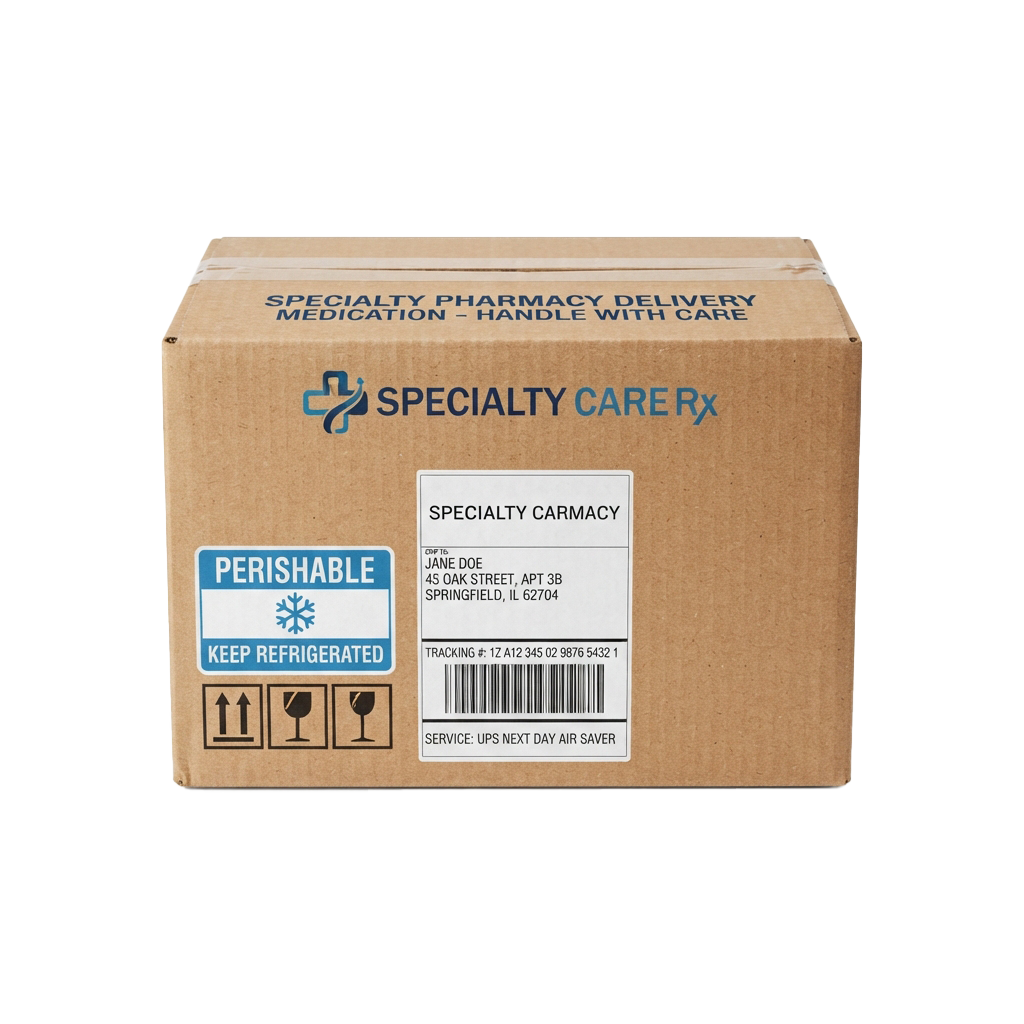 Brown shipping box labeled perishable medication from specialty pharmacy, showing handling instructions and UPS tracking details